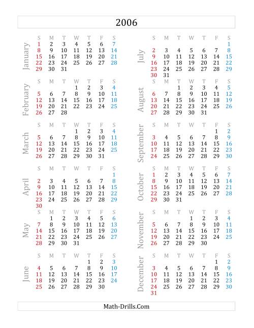 The 2006 Yearly Calendar (A) Math Worksheet