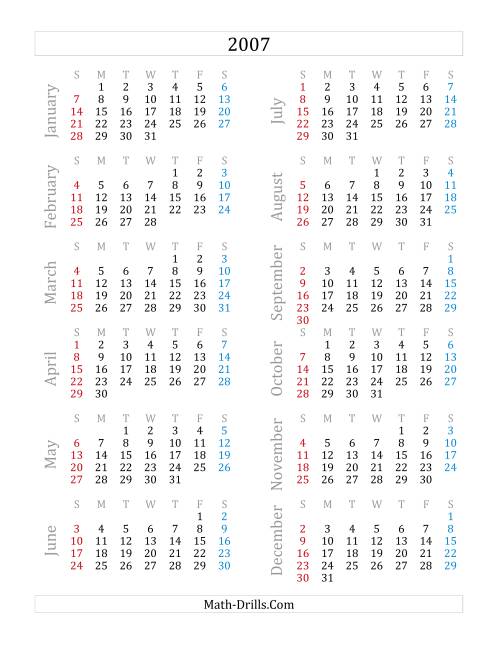 The 2007 Yearly Calendar (A) Math Worksheet
