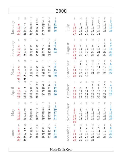 The 2008 Yearly Calendar (A) Math Worksheet