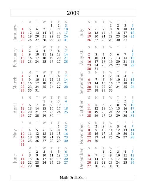 The 2009 Yearly Calendar (A) Math Worksheet