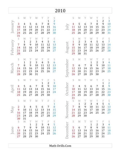 The 2010 Yearly Calendar (A) Math Worksheet