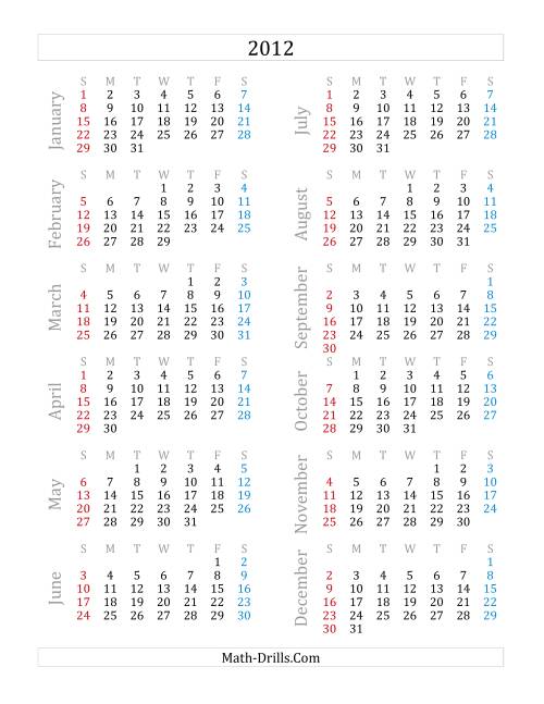 The 2012 Yearly Calendar (A) Math Worksheet