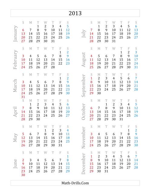 The 2013 Yearly Calendar (A) Math Worksheet