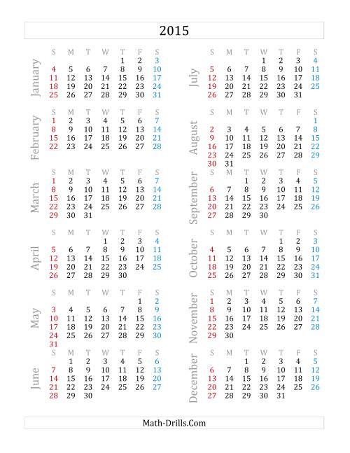 The 2015 Yearly Calendar (A) Math Worksheet