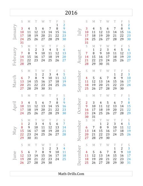 The 2016 Yearly Calendar (A) Math Worksheet