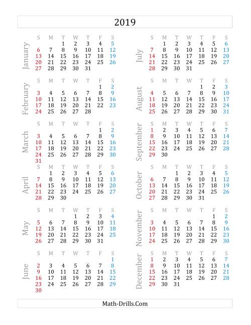 The 2019 Yearly Calendar (A) Math Worksheet