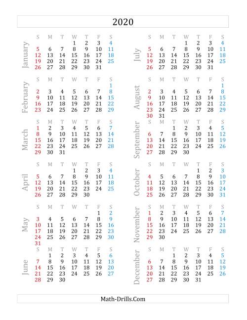 The 2020 Yearly Calendar (A) Math Worksheet