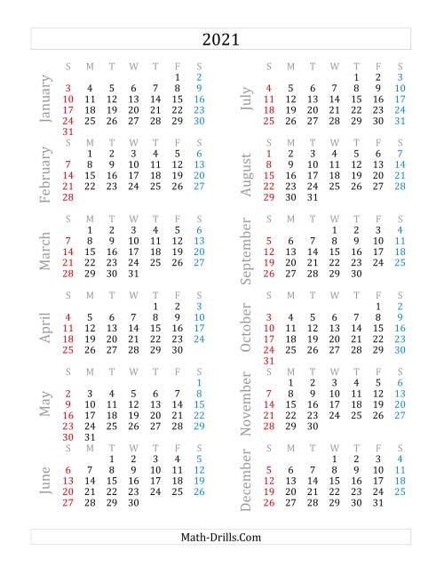 The 2021 Yearly Calendar (A) Math Worksheet