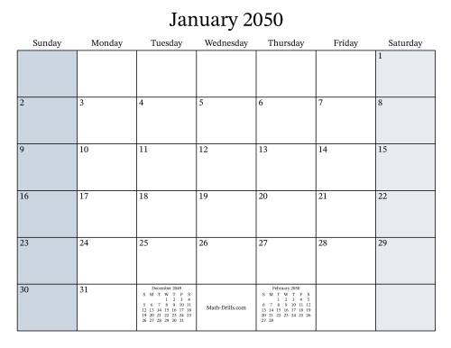The Fillable 2050 Monthly Calendar Math Worksheet
