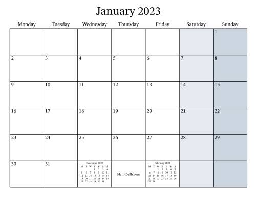 The Fillable 2023 Monthly Calendar with Monday as the First Day Math Worksheet