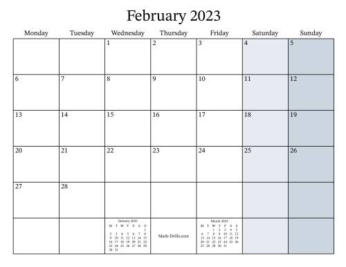 The Fillable 2023 Monthly Calendar with Monday as the First Day Math Worksheet Page 2