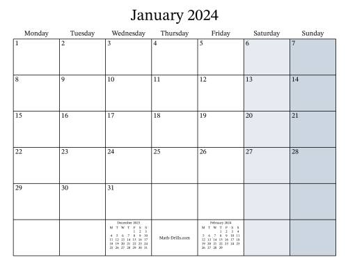 The Fillable 2024 Monthly Calendar with Monday as the First Day Math Worksheet