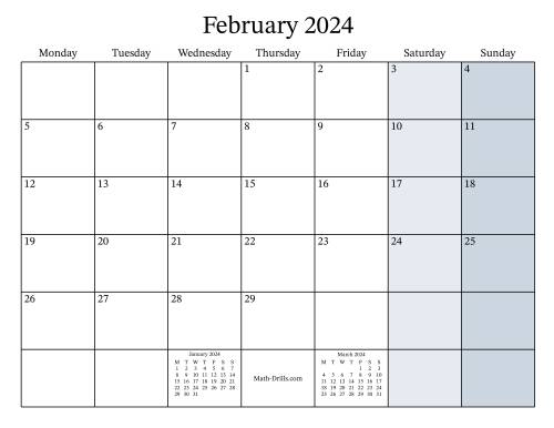 The Fillable 2024 Monthly Calendar with Monday as the First Day Math Worksheet Page 2