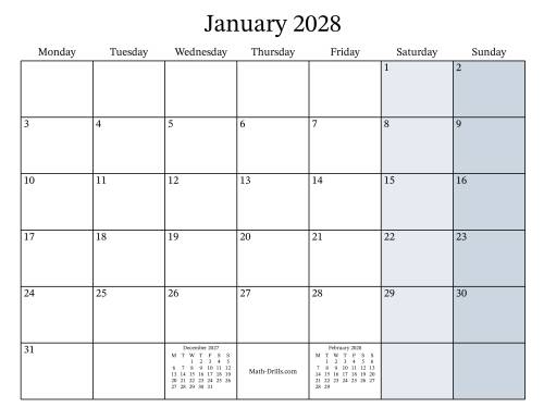 The Fillable 2028 Monthly Calendar with Monday as the First Day Math Worksheet