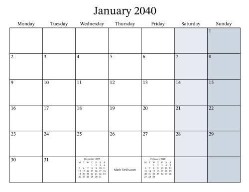 The Fillable 2040 Monthly Calendar with Monday as the First Day Math Worksheet
