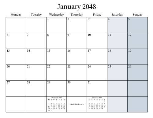The Fillable 2048 Monthly Calendar with Monday as the First Day Math Worksheet