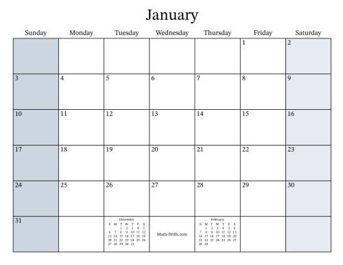 The Fillable General Leap Year Monthly Calendar with January 1 on a Friday (Sunday to Saturday Format) Math Worksheet