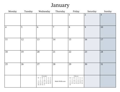 The Fillable General Leap Year Monthly Calendar with January 1 on a Friday (Monday to Sunday Format) Math Worksheet