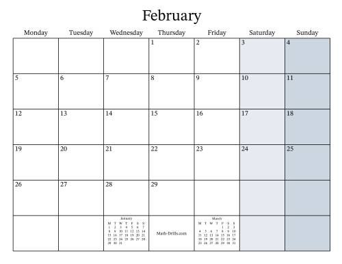The Fillable General Leap Year Monthly Calendar with January 1 on a Monday (Monday to Sunday Format) Math Worksheet Page 2