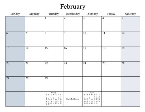 The Fillable General Leap Year Monthly Calendar with January 1 on a Saturday (Sunday to Saturday Format) Math Worksheet Page 2
