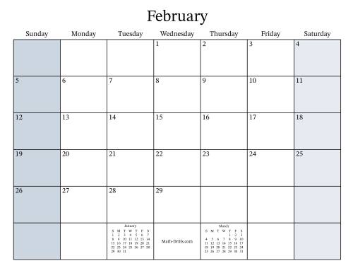 The Fillable General Leap Year Monthly Calendar with January 1 on a Sunday (Sunday to Saturday Format) Math Worksheet Page 2
