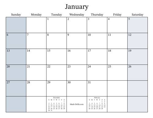 The Fillable General Leap Year Monthly Calendar with January 1 on a Tuesday (Sunday to Saturday Format) Math Worksheet