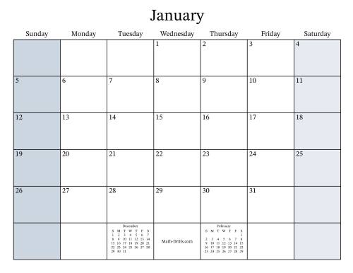 The Fillable General Leap Year Monthly Calendar with January 1 on a Wednesday (Sunday to Saturday Format) Math Worksheet
