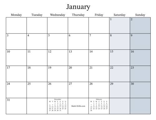 The Fillable General Monthly Calendar with January 1 on a Saturday (Monday to Sunday Format) Math Worksheet
