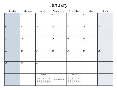 The Fillable General Monthly Calendar with January 1 on a Sunday (Sunday to Saturday Format) Math Worksheet