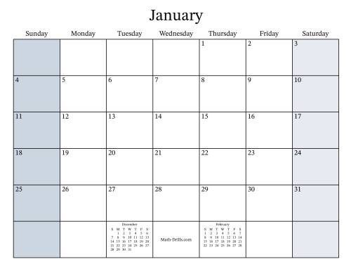 The Fillable General Monthly Calendar with January 1 on a Thursday (Sunday to Saturday Format) Math Worksheet