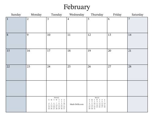 The Fillable General Monthly Calendar with January 1 on a Thursday (Sunday to Saturday Format) Math Worksheet Page 2