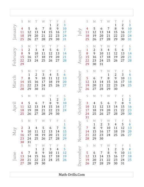 The Yearly Calendar Beginning on Thursday, January 1 (Leap Year) (E) Math Worksheet