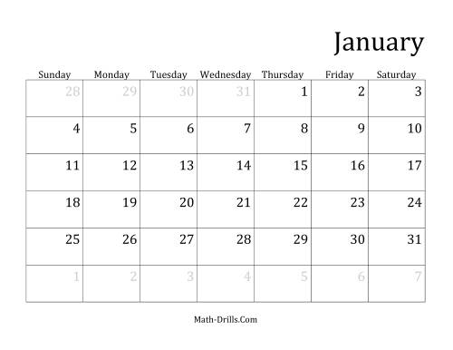 The Monthly Leap Year Calendar with January 1 on Thursday (E) Math Worksheet