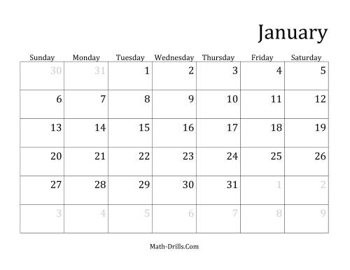 The Monthly General Year Calendar with January 1 on Tuesday (C) Math Worksheet