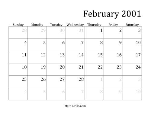 The 2001 Monthly Calendar Math Worksheet Page 2