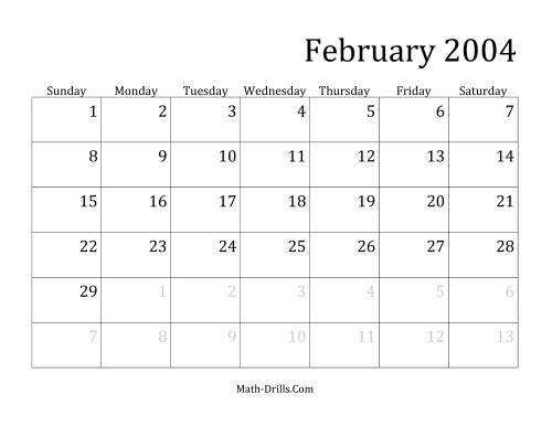 The 2004 Monthly Calendar Math Worksheet Page 2