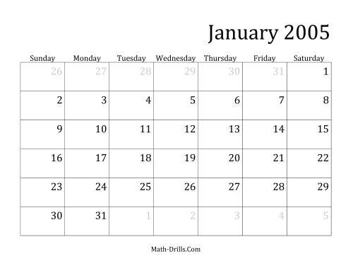 The 2005 Monthly Calendar Math Worksheet