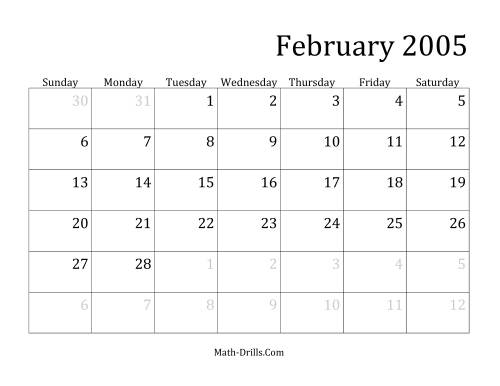 The 2005 Monthly Calendar Math Worksheet Page 2