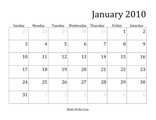 The 2010 Monthly Calendar Math Worksheet