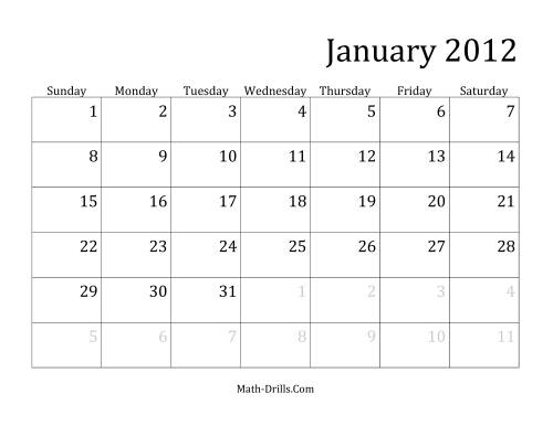 The 2012 Monthly Calendar Math Worksheet
