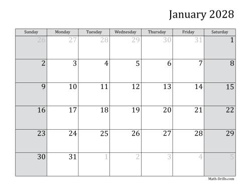 The 2028 Monthly Calendar Math Worksheet