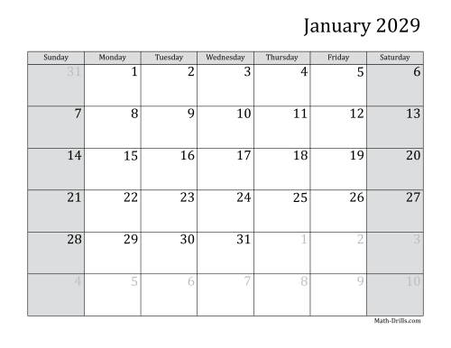 The 2029 Monthly Calendar Math Worksheet