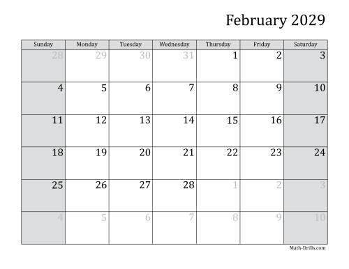 The 2029 Monthly Calendar Math Worksheet Page 2