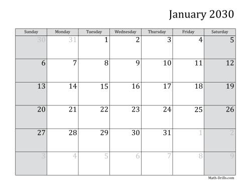 The 2030 Monthly Calendar Math Worksheet