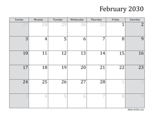 The 2030 Monthly Calendar Math Worksheet Page 2