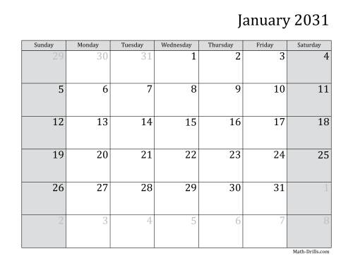The 2031 Monthly Calendar Math Worksheet