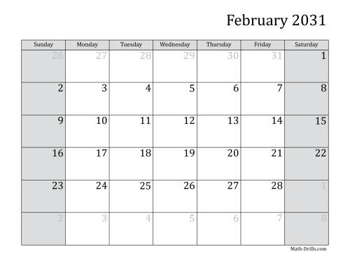 The 2031 Monthly Calendar Math Worksheet Page 2