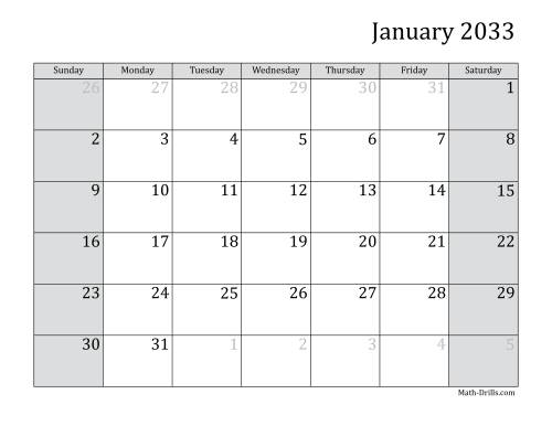 The 2033 Monthly Calendar Math Worksheet