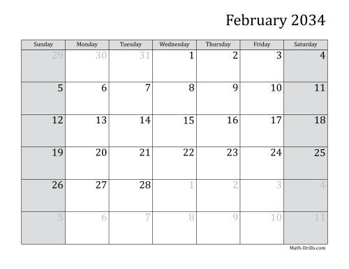 The 2034 Monthly Calendar Math Worksheet Page 2