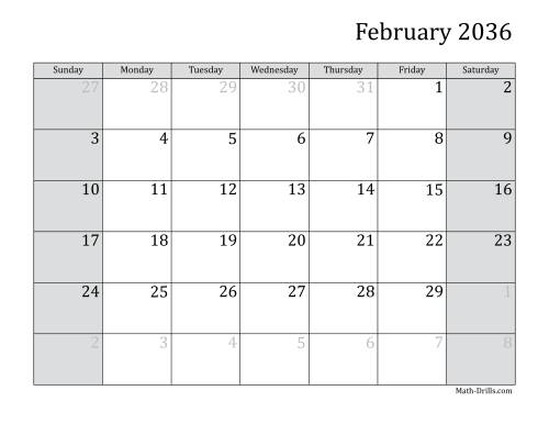 The 2036 Monthly Calendar Math Worksheet Page 2
